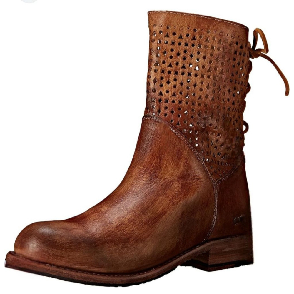 BED STU Bridgewater Distressed Leather Perforated Ankle Boots Tan Driftwood 10
